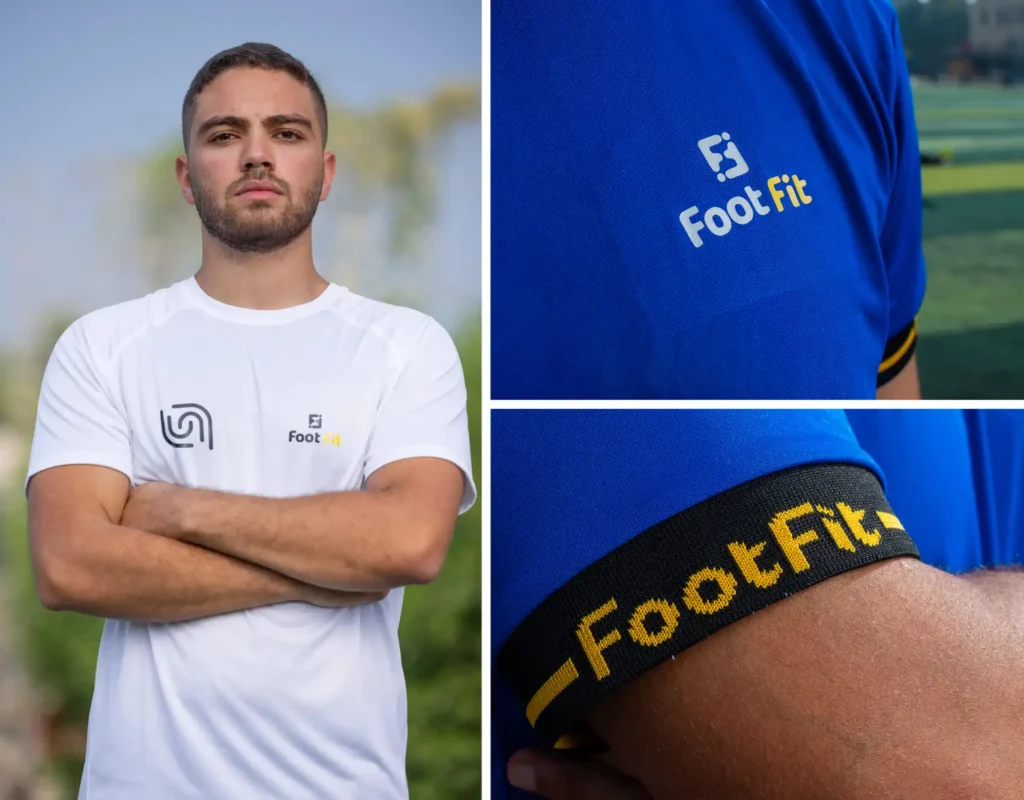 Collage van voetbalteam in Beyond Wear met gepersonaliseerde branding